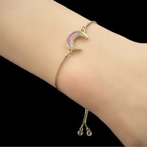 Gold Crescent Moon Bracelet With Pink Gem Details & Adjustable Chain For Women